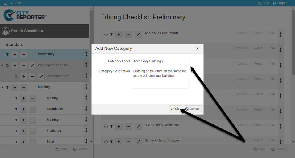 Create categories for permit checklists